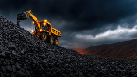 A large yellow dump truck is driving down a hill. The sky is dark and cloudy, and the truck is surrounded by a pile of rocks. Scene is somber and ominousの素材
