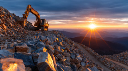A large construction machine is on a rocky hillside. The sun is setting in the background, casting a warm glow over the scene. The combination of the machineの素材