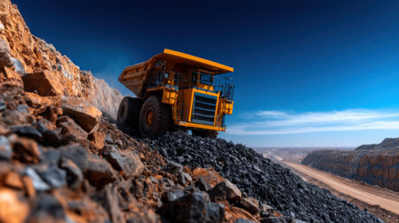 A large yellow dump truck is driving down a rocky hill. The truck is surrounded by a lot of rocks and dirt, and the sky is clear and blue. Concept of ruggedness and hard workの素材