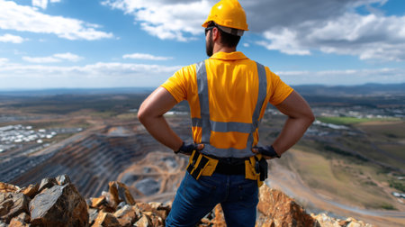 A man in a yellow safety vest stands on a rocky hill overlooking a mining site. He is looking out over the area, possibly assessing the situation or surveying the landの素材