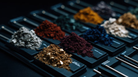 A collection of different colored powders are displayed on a black surface. The powders are arranged in a variety of colors and sizes, creating a visually appealing and diverse displayの素材