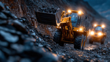 A large yellow and black construction vehicle is driving down a rocky road. The road is dark and the vehicle is the only source of lightの素材