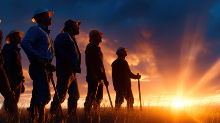 A group of men are standing in a field with the sun setting behind them. They are wearing hard hats and holding toolsの素材