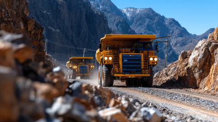 A large yellow truck is driving down a rocky road. The truck is surrounded by mountains and rocks, giving the scene a rugged and adventurous feelの素材