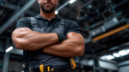 A man in a blue shirt and grey vest stands with his arms crossed. He looks confident and strongの素材