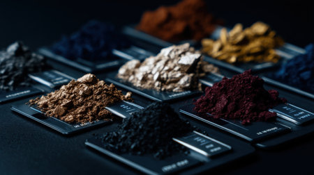 A collection of different colored powders are displayed on a black surface. The powders are arranged in a row, with some being darker and others lighter. Concept of variety and diversityの素材