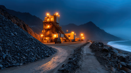A large industrial plant is lit up at night, with a mountain range in the background. Scene is one of industrialization and progress, with the plant being a symbol of human ingenuityの素材