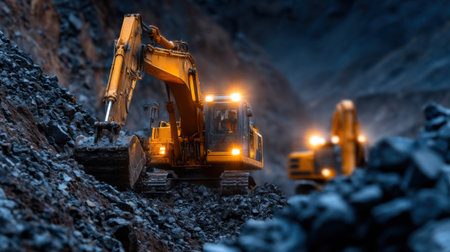 A large yellow excavator is digging into a hillside. The scene is dark and moody, with the yellow machine standing out against the rocky terrainの素材