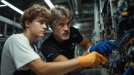 A man and a boy are working on a machine. The boy is wearing a white shirt and the man is wearing a black shirtの素材