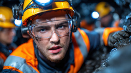 A man in a yellow helmet and orange vest is looking at the camera. He is wearing goggles and a hard hatの素材