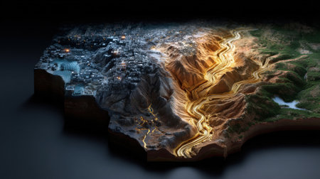 A 3D model of a city with a river running through it. The city is shown in a dark background, with the river and mountains in the foreground. Scene is one of mystery and intrigueの素材