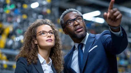 A man and a woman are pointing at something in a factory. The man is wearing a suit and tie, while the woman is wearing a dress. They are both looking at a machine or a piece of equipmentの素材