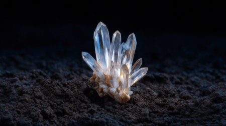 A crystal formation is sitting on the ground. The crystal is white and has a unique shape. The image has a moody and mysterious feel to itの素材