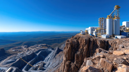A mountain top with a large industrial plant in the distance. The sky is clear and blueの素材