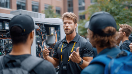 A man in a black shirt is talking to a group of people. The man is wearing a yellow lanyardの素材