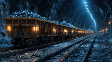 A train is traveling through a tunnel with a dark, gloomy atmosphere. The train is carrying a large amount of coal, which is likely being transported to a power plant or other industrial facilityの素材