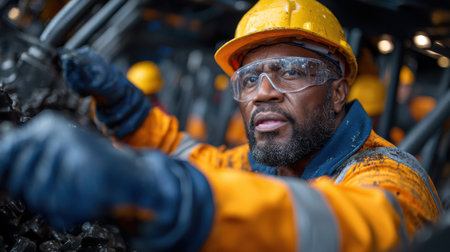A man in a yellow jacket and a hard hat is working with a pile of coal. He is wearing safety gear and he is focused on his taskの素材