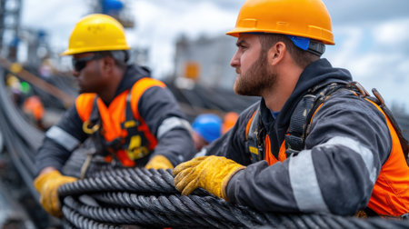 Two men wearing orange safety vests and hard hats are working on a large black cable. Scene is serious and focused, as the workers are likely dealing with a potentially dangerous taskの素材