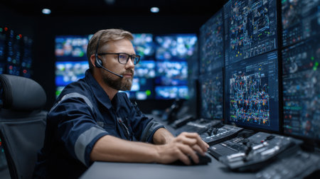 A man in a blue shirt is sitting at a desk with a computer monitor in front of him. He is wearing a headset and he is focused on his workの素材