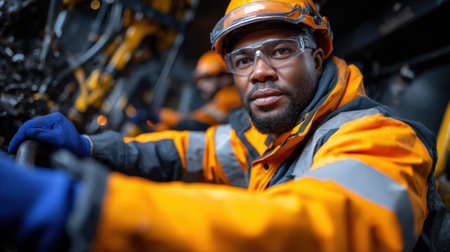 A man in a yellow jacket is wearing safety goggles and a hard hat. He is looking at the cameraの素材