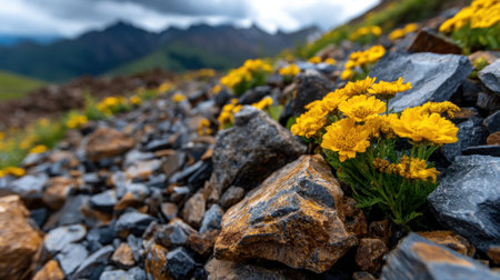 A rocky hillside with yellow flowers growing on it. The flowers are small and scattered, but they add a pop of color to the otherwise dull landscape. Concept of tranquility and natural beautyの素材