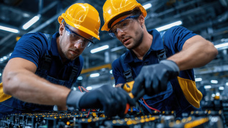 Two men in yellow hard hats are working on a machine. They are wearing gloves and are focused on their taskの素材