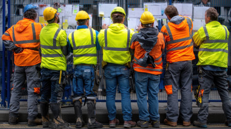 A group of construction workers wearing bright orange and yellow vests stand together. They are all wearing hard hats and seem to be looking at somethingの素材