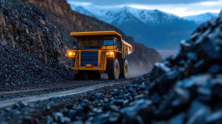 A large yellow dump truck is driving down a rocky road. The truck is surrounded by a pile of rocks, and the mountains in the background create a sense of depth and scaleの素材