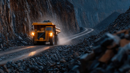 A large yellow truck is driving down a rocky road. The truck is covered in mud and the road is wet. The scene is dark and moody, with the truck being the only source of lightの素材