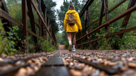 A woman wearing a yellow jacket and backpack is walking across a bridge. The bridge is made of wood and has a rustic feel to it. The woman is enjoying her walk and taking in the scenery around herの素材