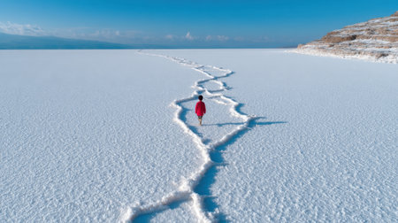 A person is walking on a snow-covered path in the middle of a vast, empty field. The sky is clear and blue, and the snow is deep and untouched. The scene is peaceful and sereneの素材