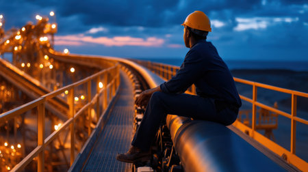 A man in a yellow helmet sits on a railing overlooking a large industrial area. The scene is lit up by the lights of the area, creating a sense of energy and activityの素材