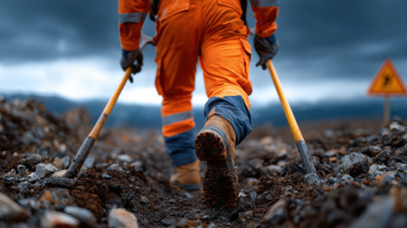 A man in an orange jumpsuit is walking through a rocky area with a yellow and black sign in the backgroundの素材