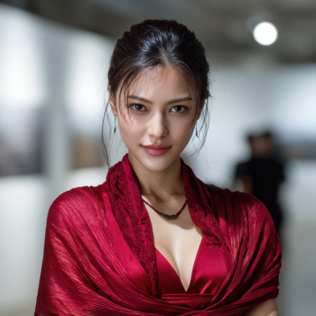 A woman in a red dress is posing for a photo. She has a necklace around her neck and her hair is pulled back. The photo is taken in a room with a white backgroundの素材