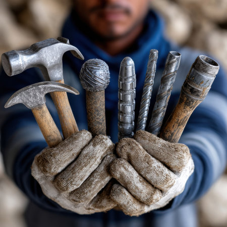 A man is holding a bunch of tools in his hands, including a hammer, a screwdriver, and a wrench. Concept of manual labor and craftsmanshipの素材