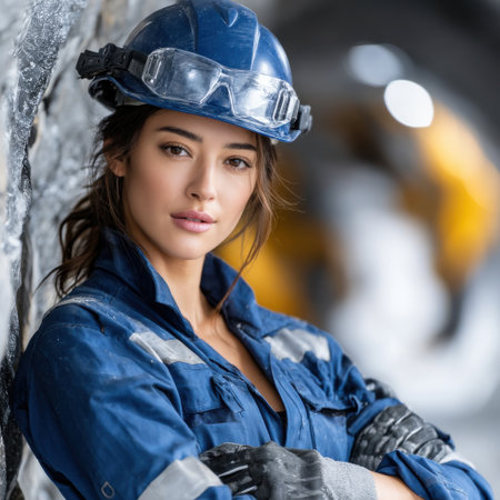 A woman in a blue and gray uniform with a hard hat on. She is posing for a pictureの素材