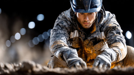 A man in a blue helmet is kneeling in the dirt. He is wearing a camouflage jacket and glovesの素材