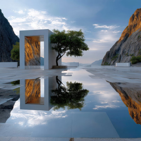A tree is reflected in a pool of water in front of a white building. The scene is serene and peaceful, with the tree and water creating a sense of calmnessの素材
