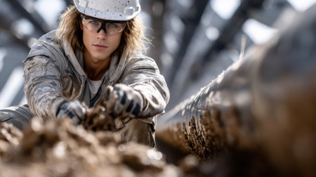A woman in a hard hat and safety glasses is climbing a pipe. Concept of danger and risk, as the woman is in a potentially hazardous environmentの素材