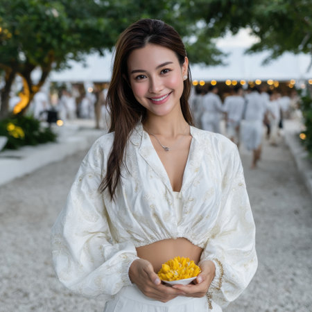 A woman in a white dress holding a yellow flower. She is smiling and she is happyの素材