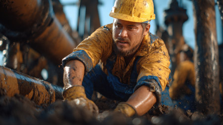 A man in a yellow and blue outfit is working in a muddy field. He is wearing a hard hat and glovesの素材