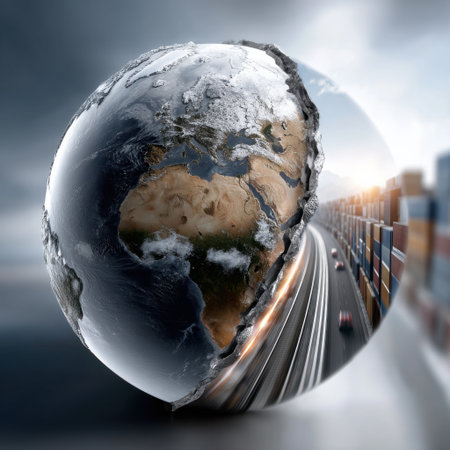A globe with a crack in it, showing a road and cars. The globe is a representation of the earth, and the crack symbolizes the impact of human activity on the environmentの素材