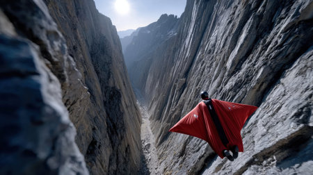 A man in a red suit flies through the air above a rocky mountain. The scene is thrilling and adventurous, with the man's wingspan spanning the entire width of the imageの素材