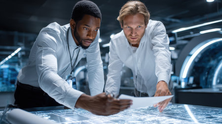 Two men are looking at a computer screen with a drawing of a building. They are discussing the design and layout of the buildingの素材