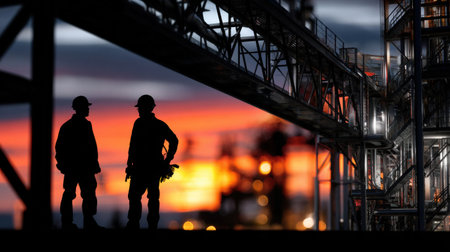 Two men are standing on a bridge, looking out over the city skyline as the sun sets. The sky is a beautiful mix of oranges, pinks, and purples, creating a serene and peaceful atmosphereの素材