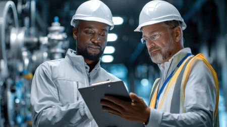 Two men in safety gear are looking at a clipboard. One of them is wearing a hard hatの素材