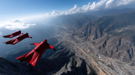 Three people in red flying in the sky. The sky is blue and the mountains are in the backgroundの素材