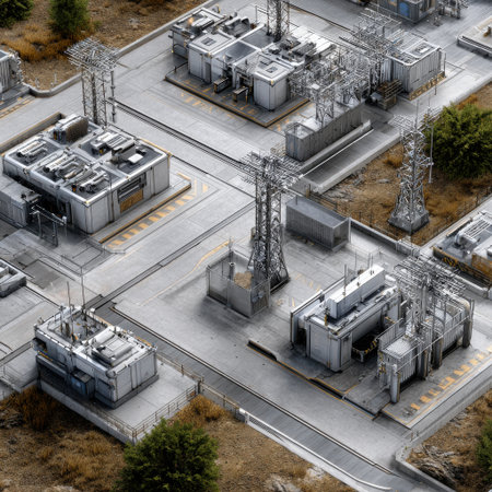 A cityscape with a lot of power plants and electrical towers. Scene is industrial and somewhat ominousの素材