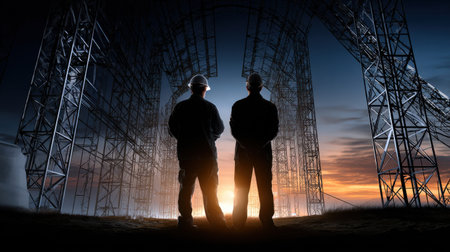 Two men standing in front of a large power line structure. The sky is dark and the sun is settingの素材