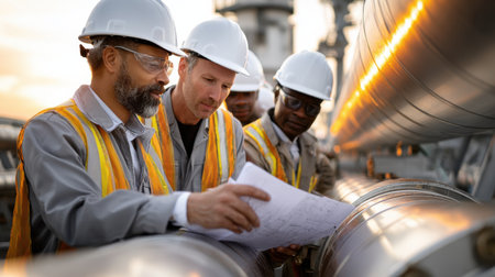 A group of men are standing around a pipe, looking at a piece of paper. They are wearing safety gear and appear to be discussing something importantの素材